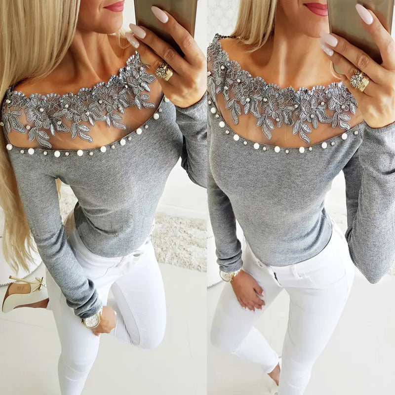 Off-Shoulder Sheer Lace Pearl Sweater