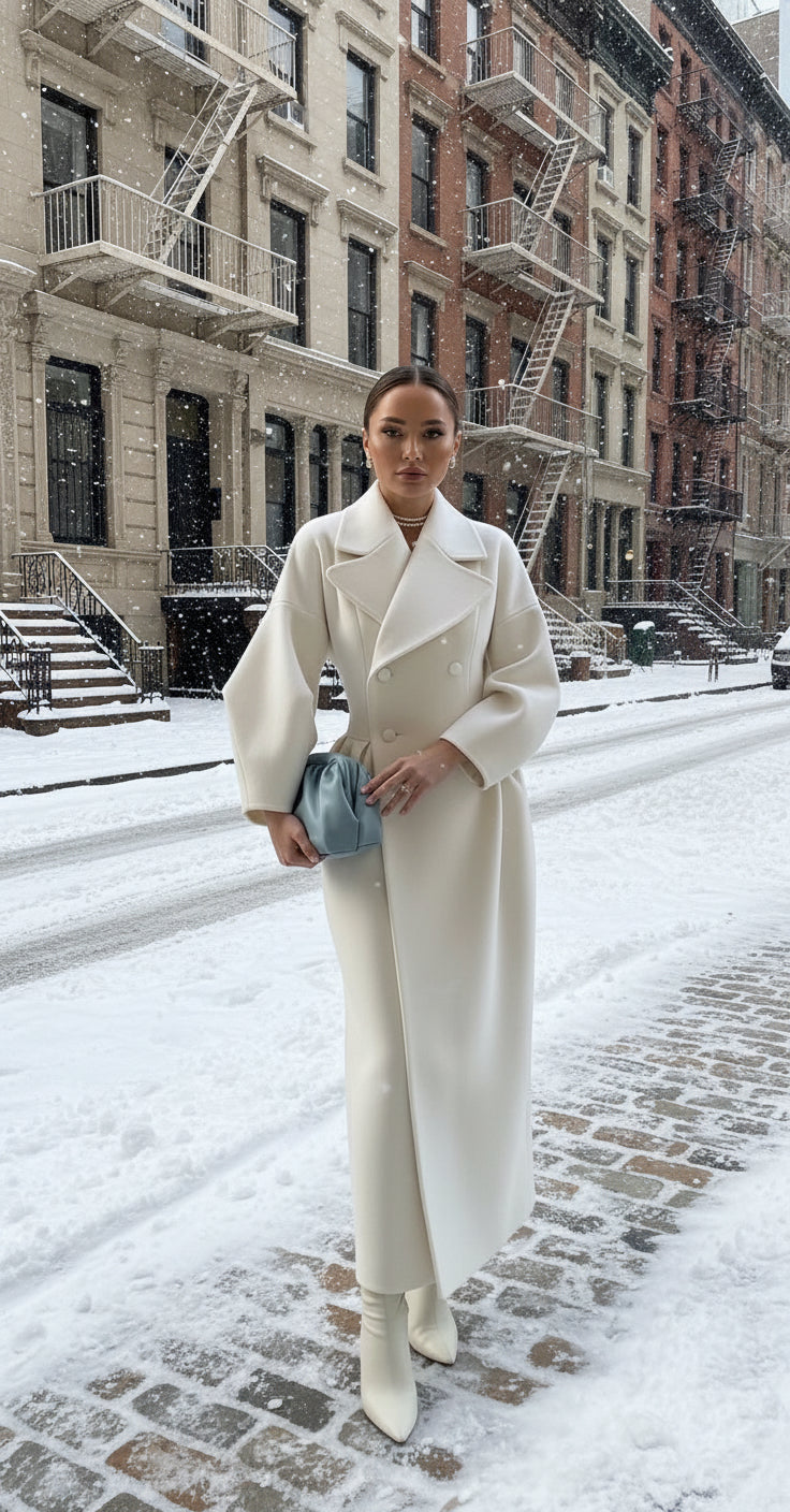 Person wearing a long white coat and pants standing on a street with a building in the background.