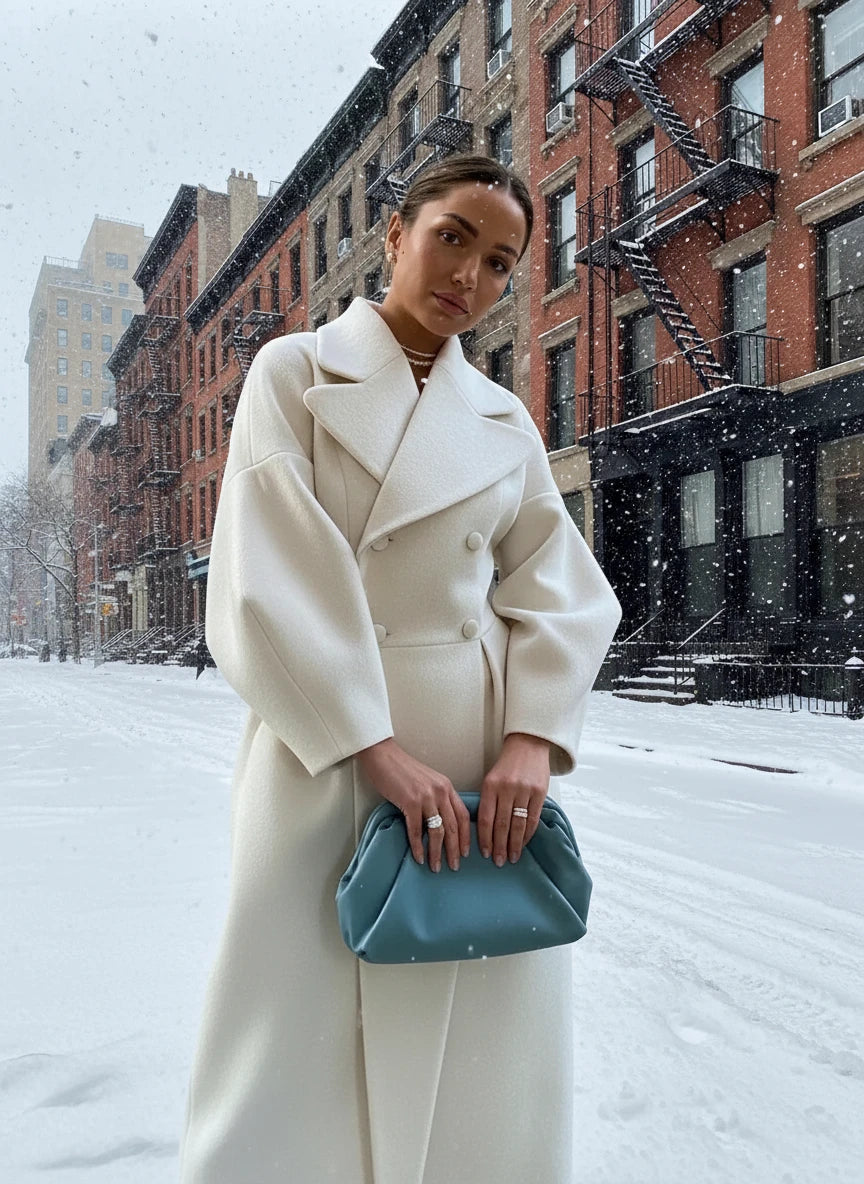 A person wearing a long beige coat with a large lapel and lantern sleeves, holding a blue bag.