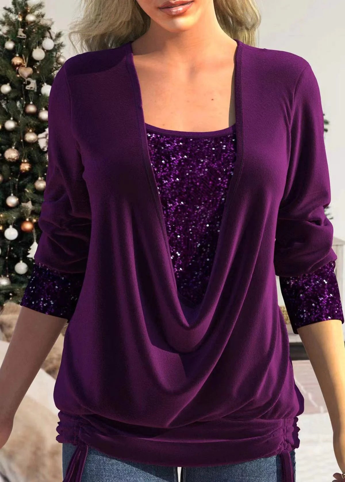 Sequin-Stitched U-Neck Long-Sleeve Shirt