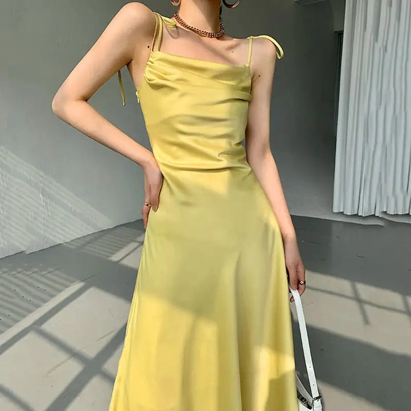 Satin Slip Dress with Draped Neckline and Adjustable Tie Straps