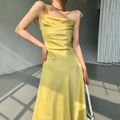 Satin Slip Dress with Draped Neckline and Adjustable Tie Straps