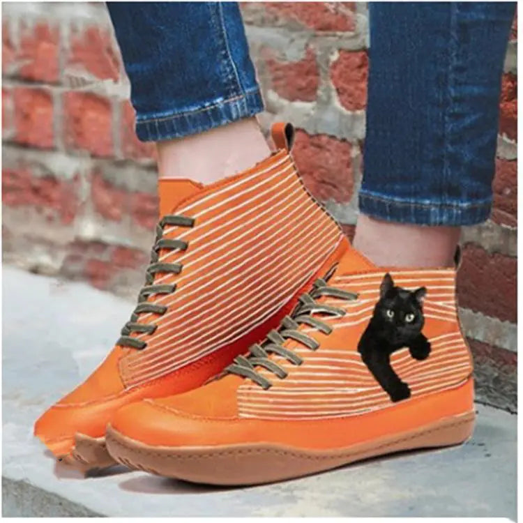 Large Flat-Bottom High-Top Printed Cat Boots