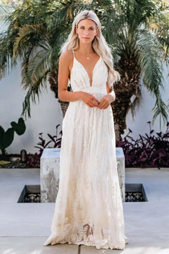 Romantic Off-White Lace Maxi Dress with Deep V-Neck & Spaghetti Straps