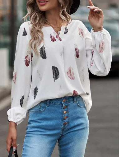Feather Print V-Neck Blouse – Women’s Long Sleeve Chic Top