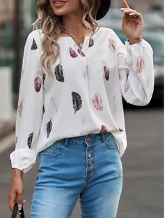 Feather Print V-Neck Blouse – Women’s Long Sleeve Chic Top