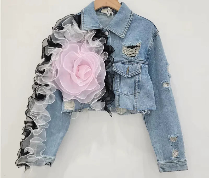 Creative Short Denim Jacket with Pink Flower – Women’s Statement Fashion