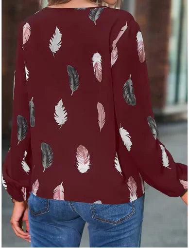Feather Print V-Neck Blouse – Women’s Long Sleeve Chic Top