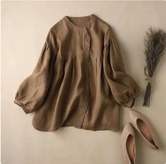 Organic Cotton Linen Shirt – Loose-Fit Button-Up Blouse with Puff Sleeves