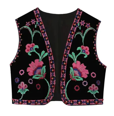 Embroidered Floral Vest with V-Neck