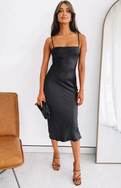 Minimalist Satin Midi Dress – Spaghetti Strap
