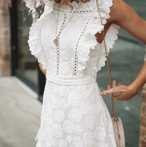 Lace Trim Embroidered White Dress