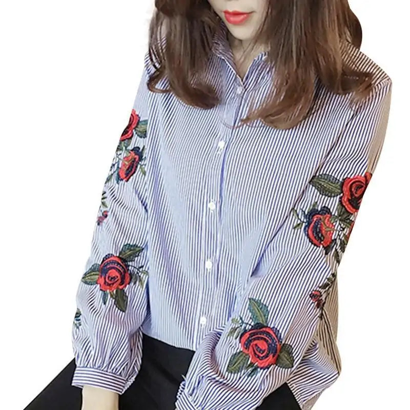 Stripe Embroidered Rose Blouse