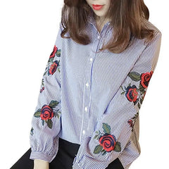 Stripe Embroidered Rose Blouse