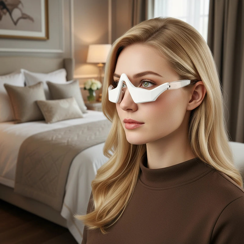 Person wearing eye massager to remove dark circles