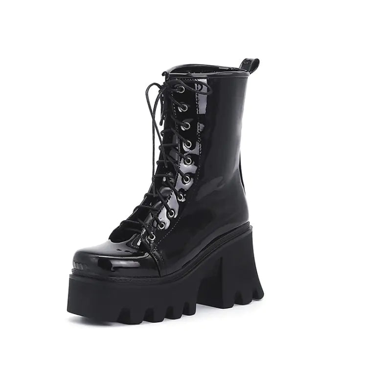 Patent Leather Square Toe Lace-up Shoes - Euro/American Style