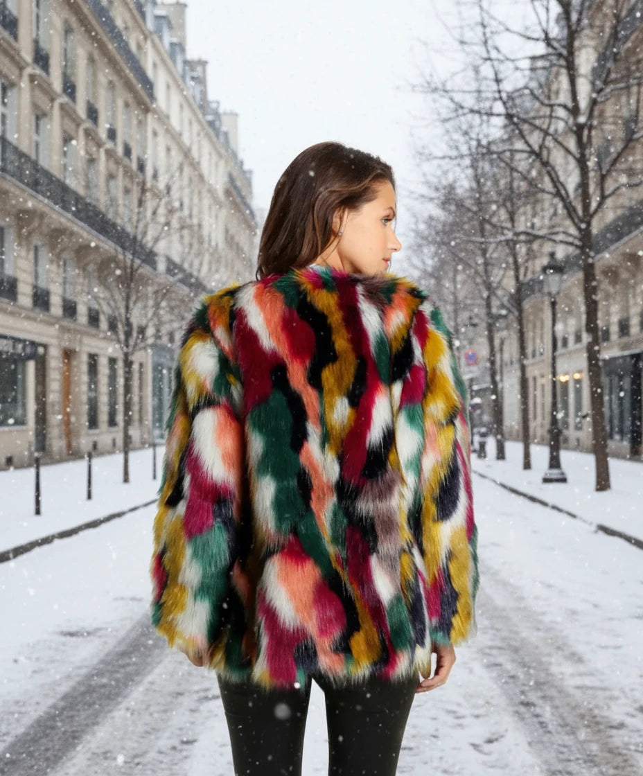 Multicolored fur coat worn by a person on Paris streets
