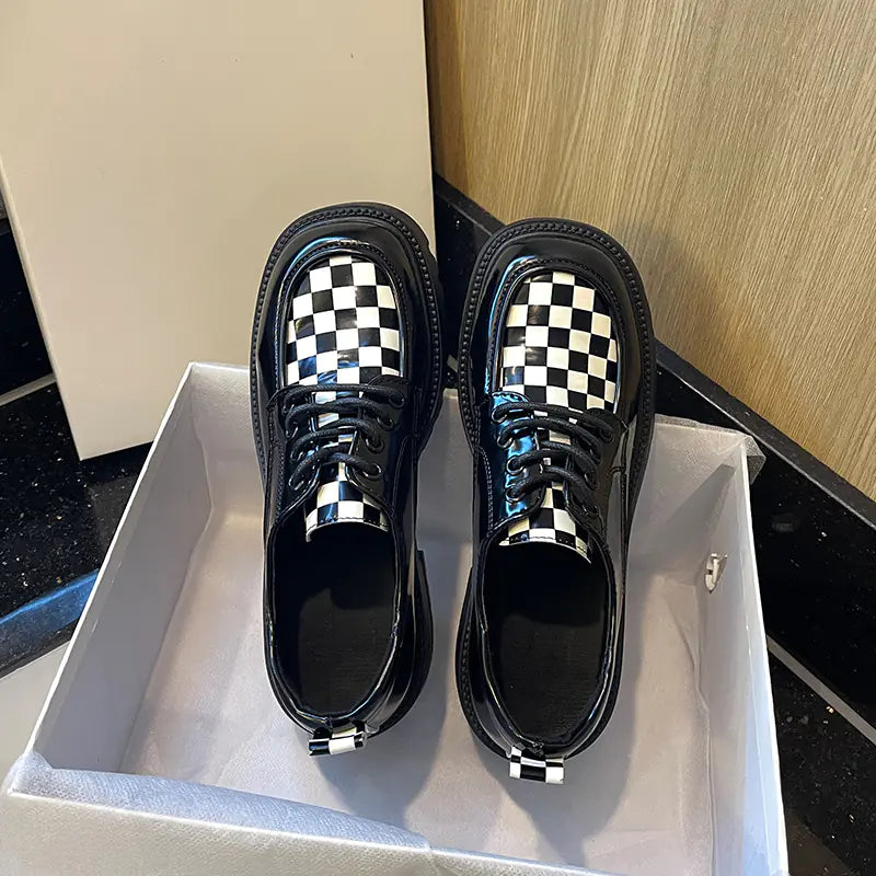 Modern Checkerboard Patent Leather Oxfords