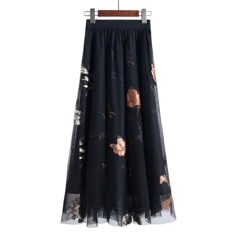 Embroidered Mesh Tulle Skirt – Vintage Floral A-Line Design