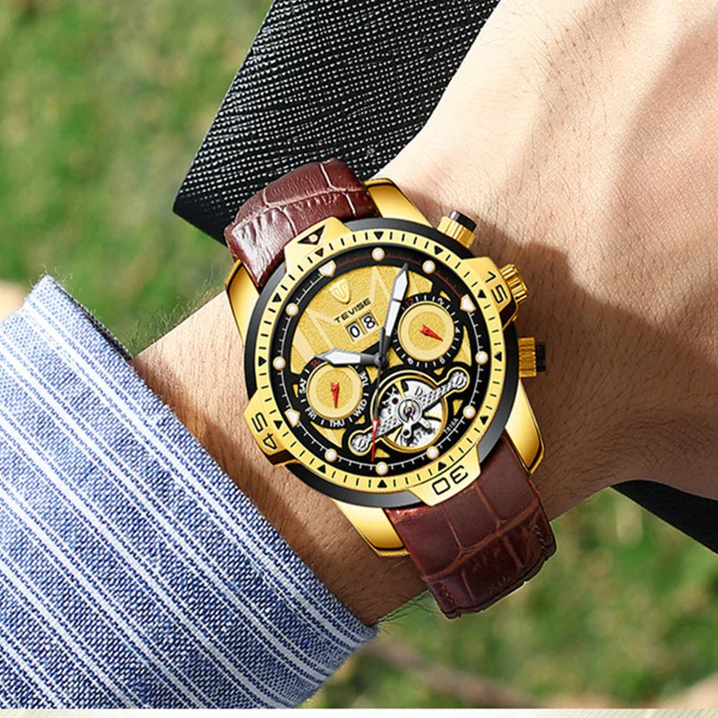 Luxury Water-Resistant Men’s Watch – Automatic Skeleton Dial & Genuine Leather Strap
