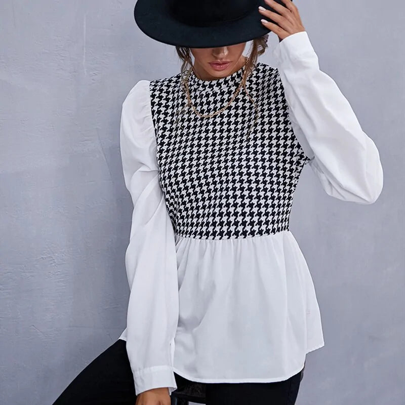 Houndstooth Panel Peplum Blouse – Long Sleeve Chic Contrast Top