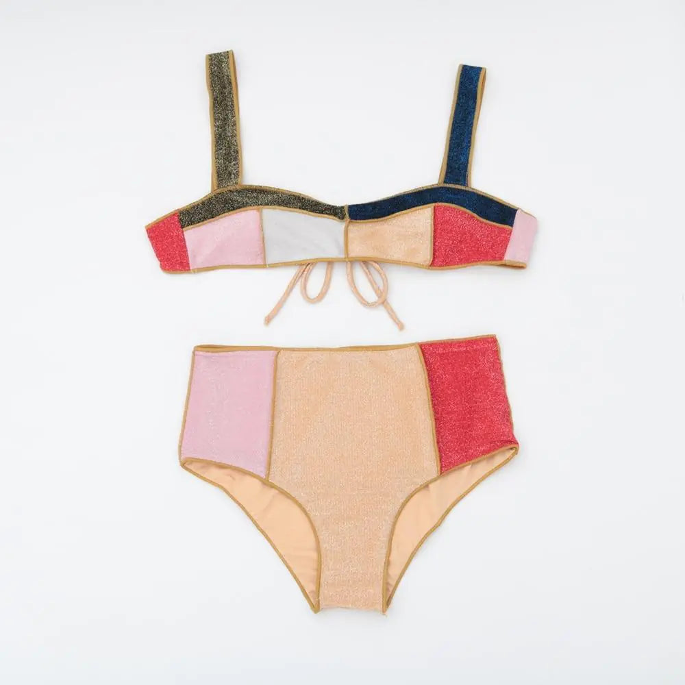 Color Block Glitter High Waist Bikini – Retro Two-Piece Swimsuit