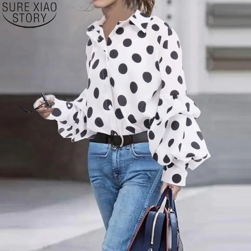 Polka Dot Lantern Sleeve Blouse