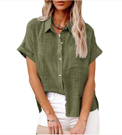 Relaxed Fit Button-Up Shirt in Cotton-Linen with Pocket Detail