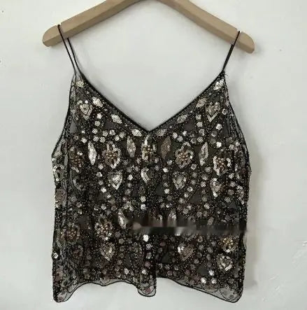 Sequin Beaded Cami Top – V-Neck Party Glam