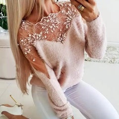Elegant Lace Mesh Floral Sweater – Sheer Detail Long Sleeve Knit Top