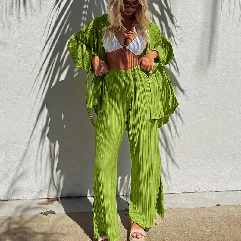Luxe Pleated Plissé Shirt & Pants Set – Elegant Two-Piece in Green