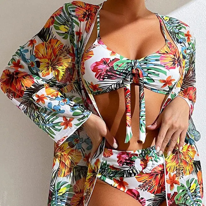 Three Piece Bikini Set - Floral Pattern