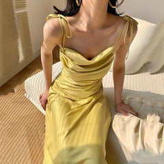Satin Slip Dress with Draped Neckline and Adjustable Tie Straps
