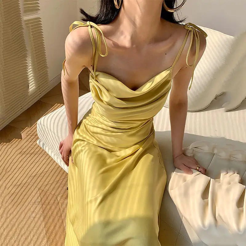 Satin Slip Dress with Draped Neckline and Adjustable Tie Straps