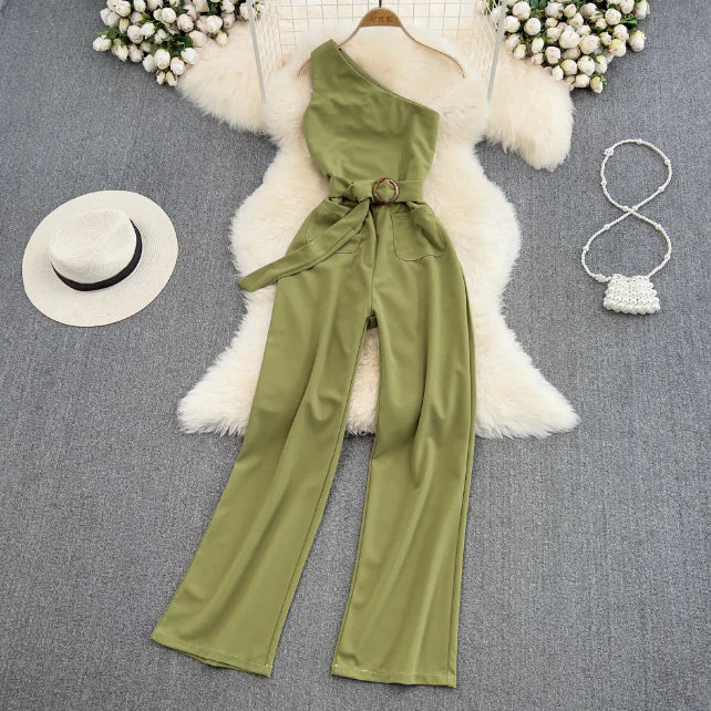 One-Shoulder SlimFit Jumpsuit – High-Waist Asymmetrical Style