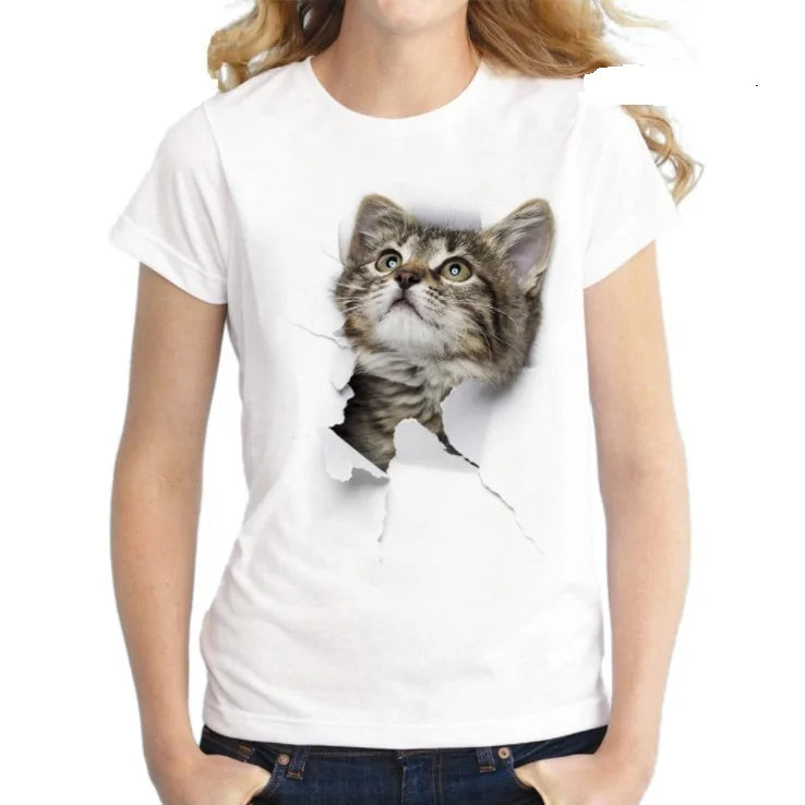 Cute 3D Cat Print T-Shirt – Women’s Short Sleeve Funny Graphic Tee