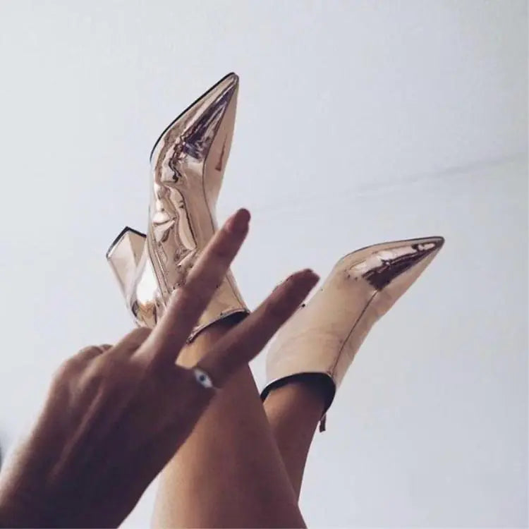 Shiny Leather Chunky Heel Pointed Toe Ankle Boots