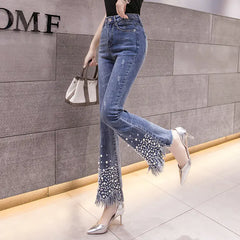 Pearl Denim Flare Pants with Fringes