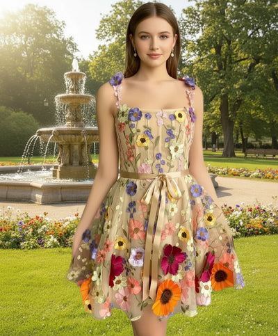 Woman in a floral dress standing in a park with a fountain in the background