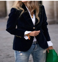 Green Velvet Blazer with Golden Buttons