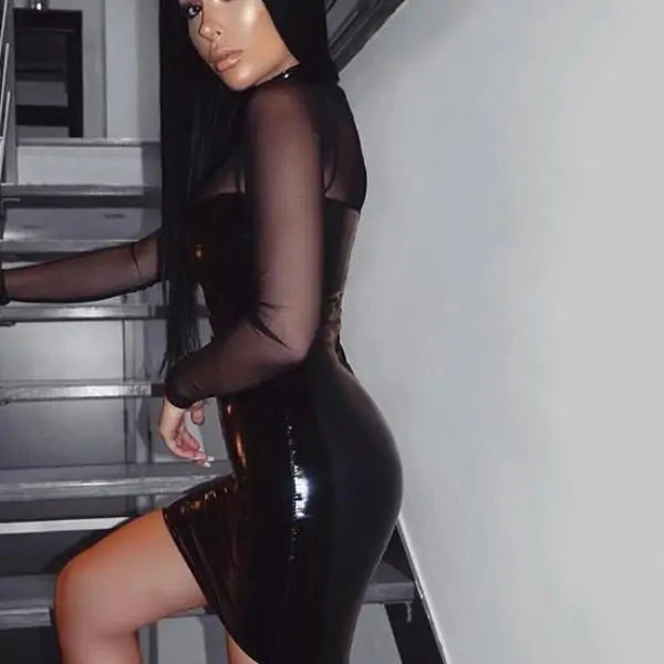 Fierce Mesh Little Black Dress – Bodycon Latex Look with Sheer Sleeves