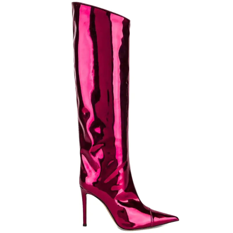 Shiny pink knee-high boot on a white background