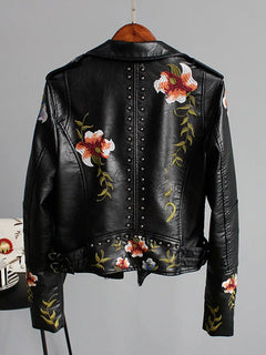 Floral Embroidered Faux Leather Biker Jacket – Women’s Studded Moto Style