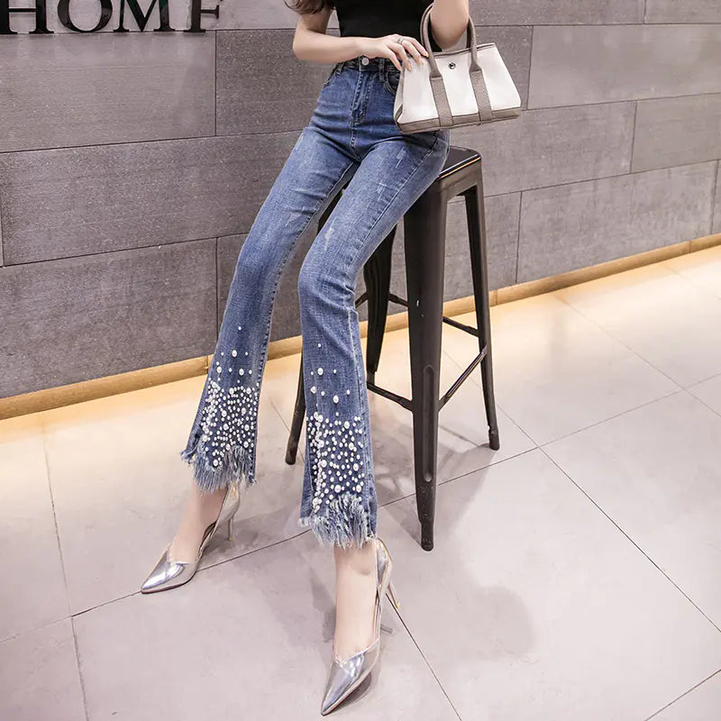 Pearl Denim Flare Pants with Fringes
