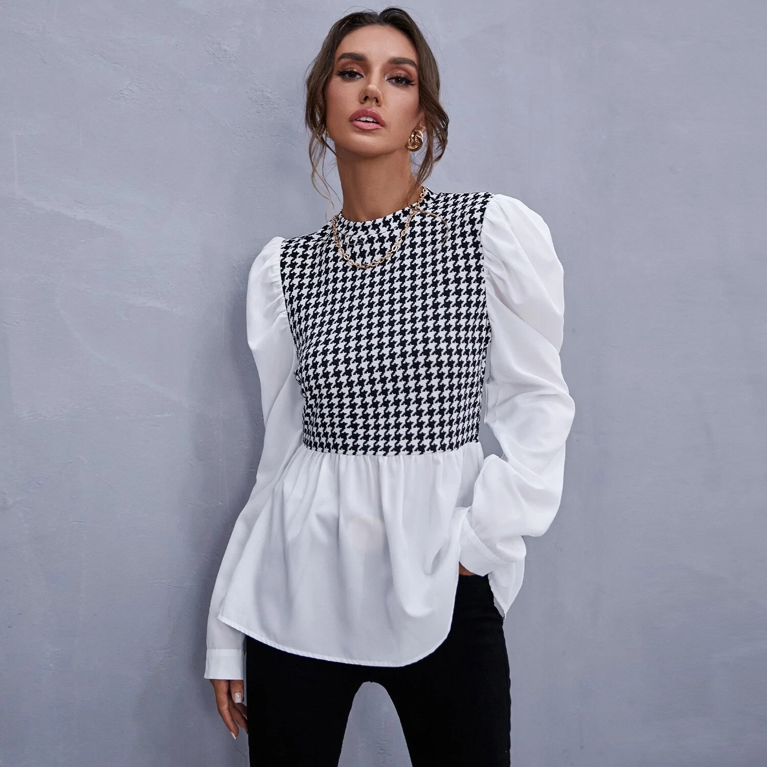 Houndstooth Panel Peplum Blouse – Long Sleeve Chic Contrast Top