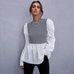 Houndstooth Panel Peplum Blouse – Long Sleeve Chic Contrast Top