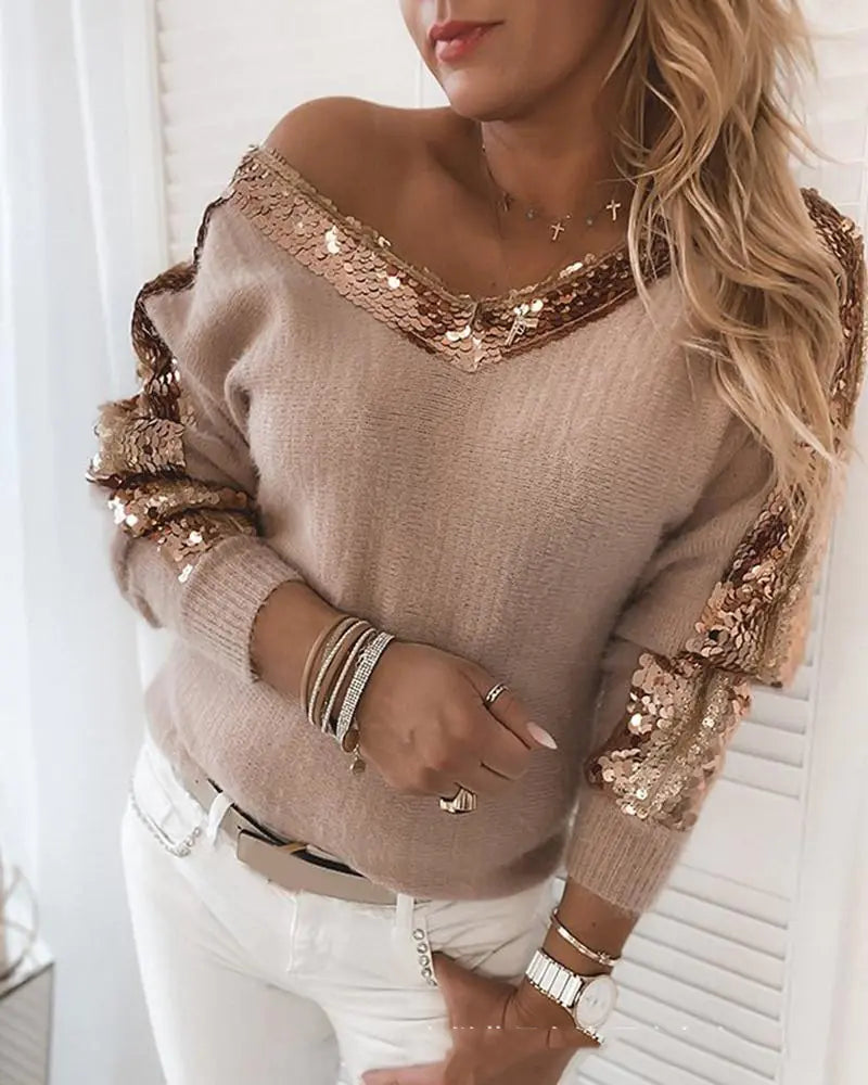 V-Neck Long Sleeve Top with Sequins