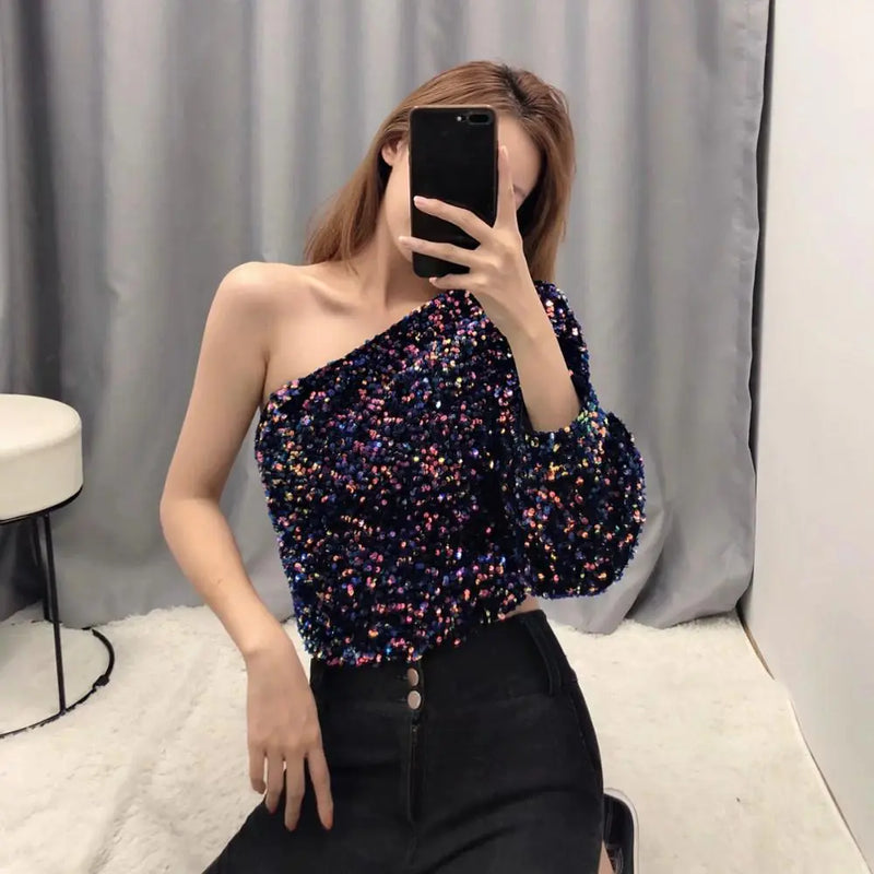 One-Sleeve Sequin Asymmetrical Top – Dark Blue Statement Party Piece