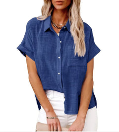 Relaxed Fit Button-Up Shirt in Cotton-Linen with Pocket Detail