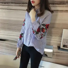 Stripe Embroidered Rose Blouse